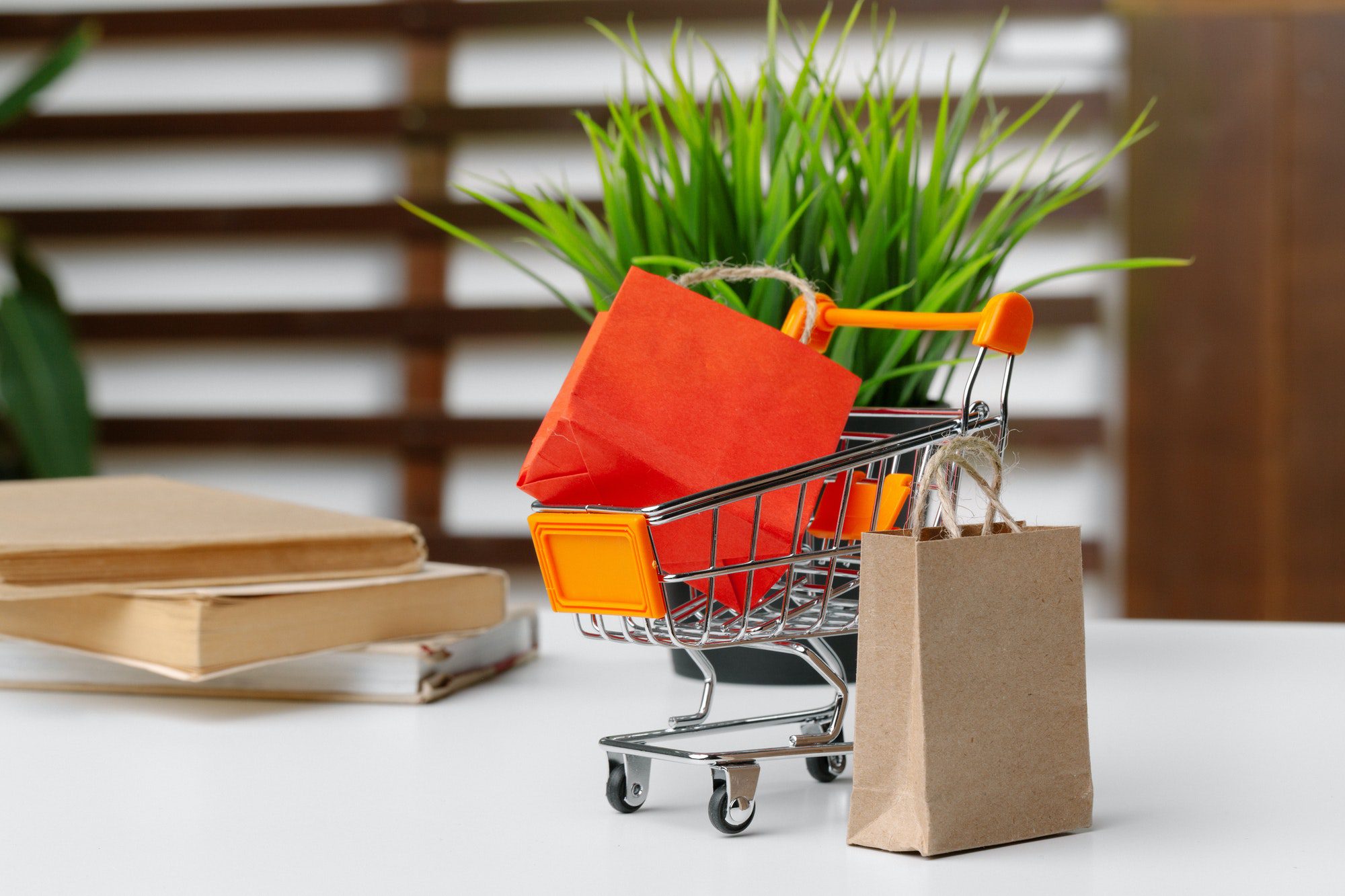 Small shopping cart with paper bags